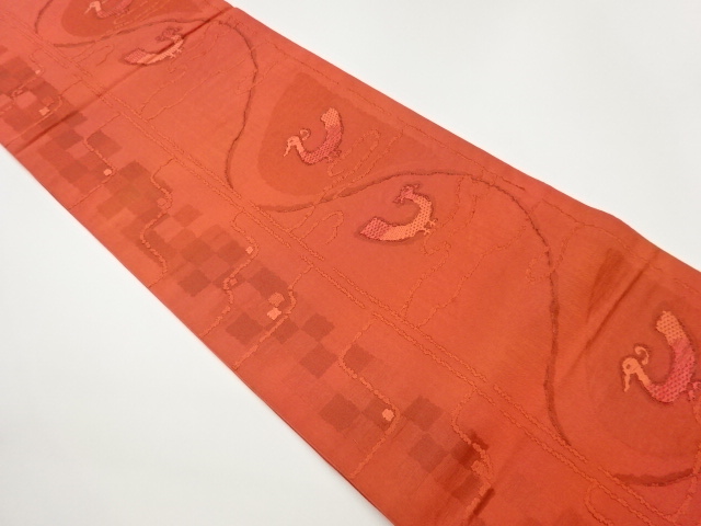 鳥に抽象幾何学模様織出し袋帯